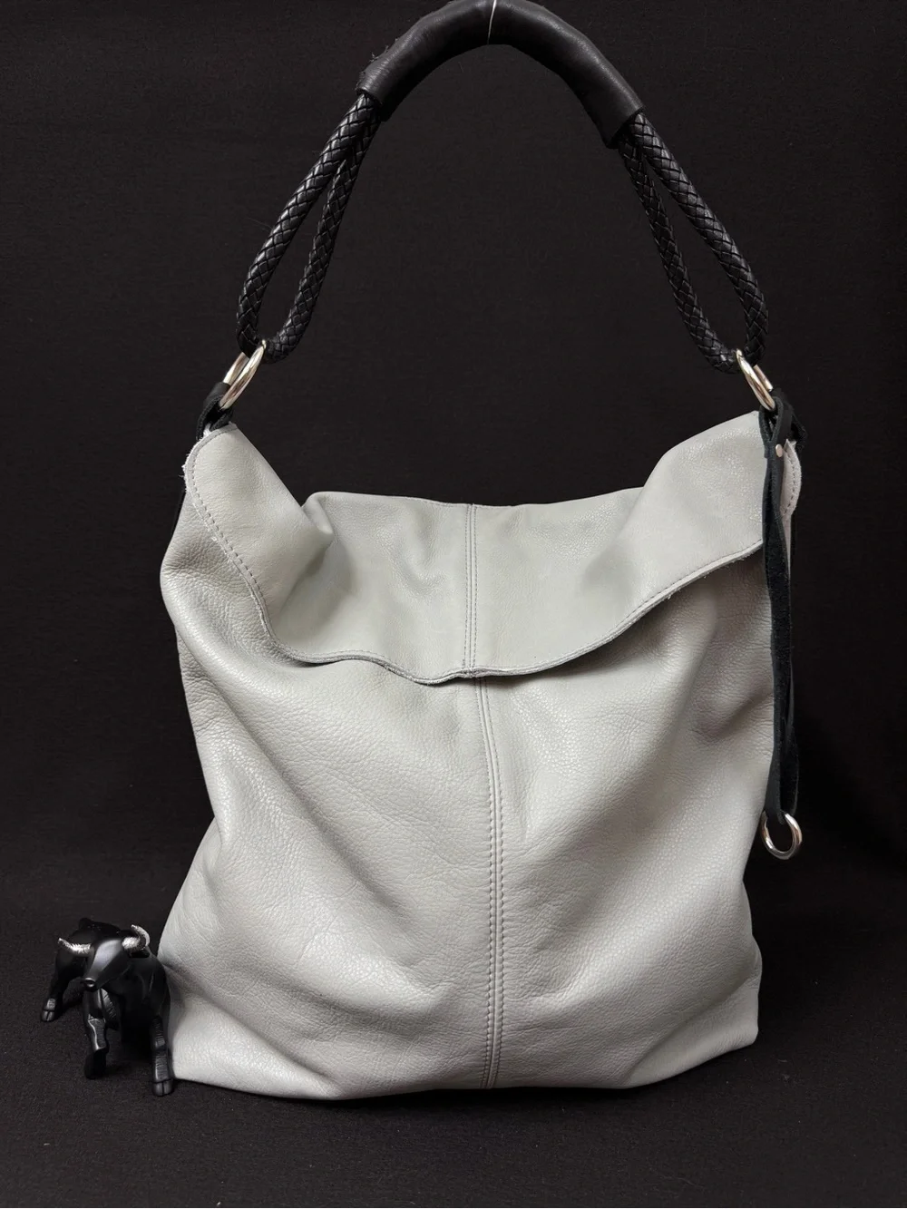 Henry Lou Light Gray Leather Hobo Bag with Braided Handle -